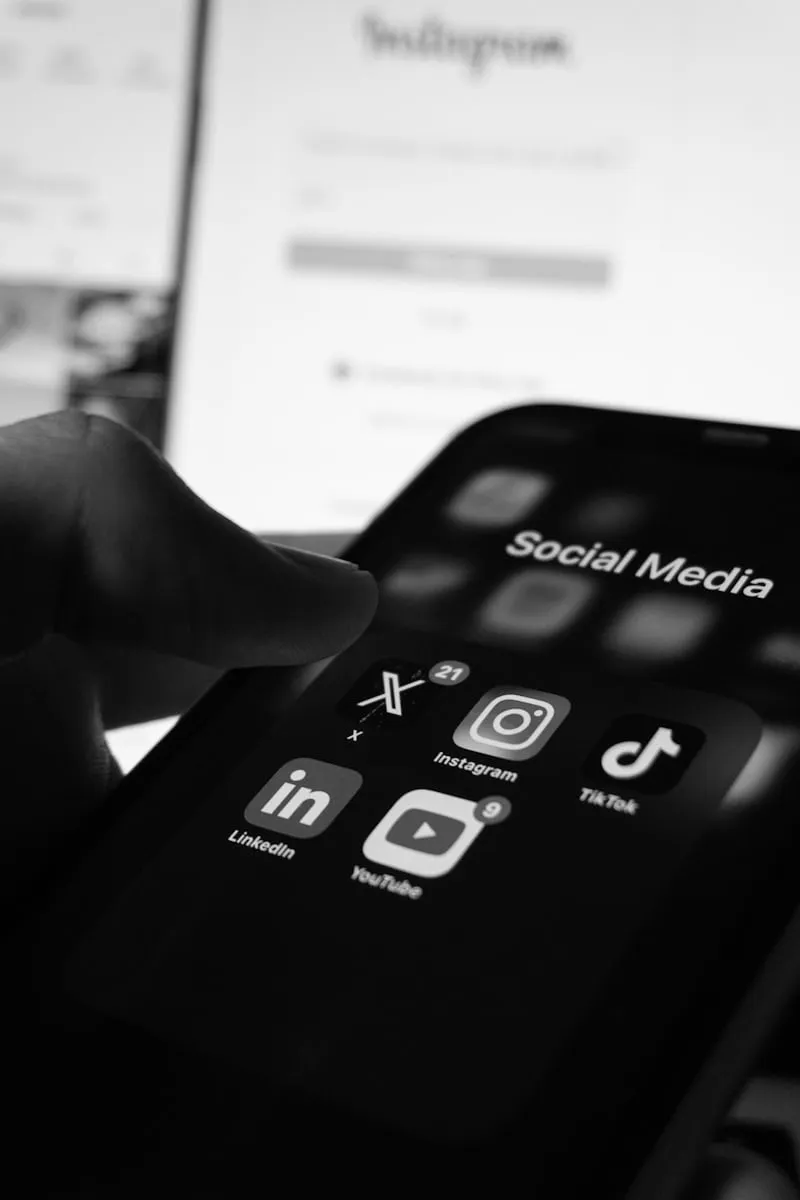 Mão segurando um smartphone com aplicativos de redes sociais na tela, em ambiente escuro